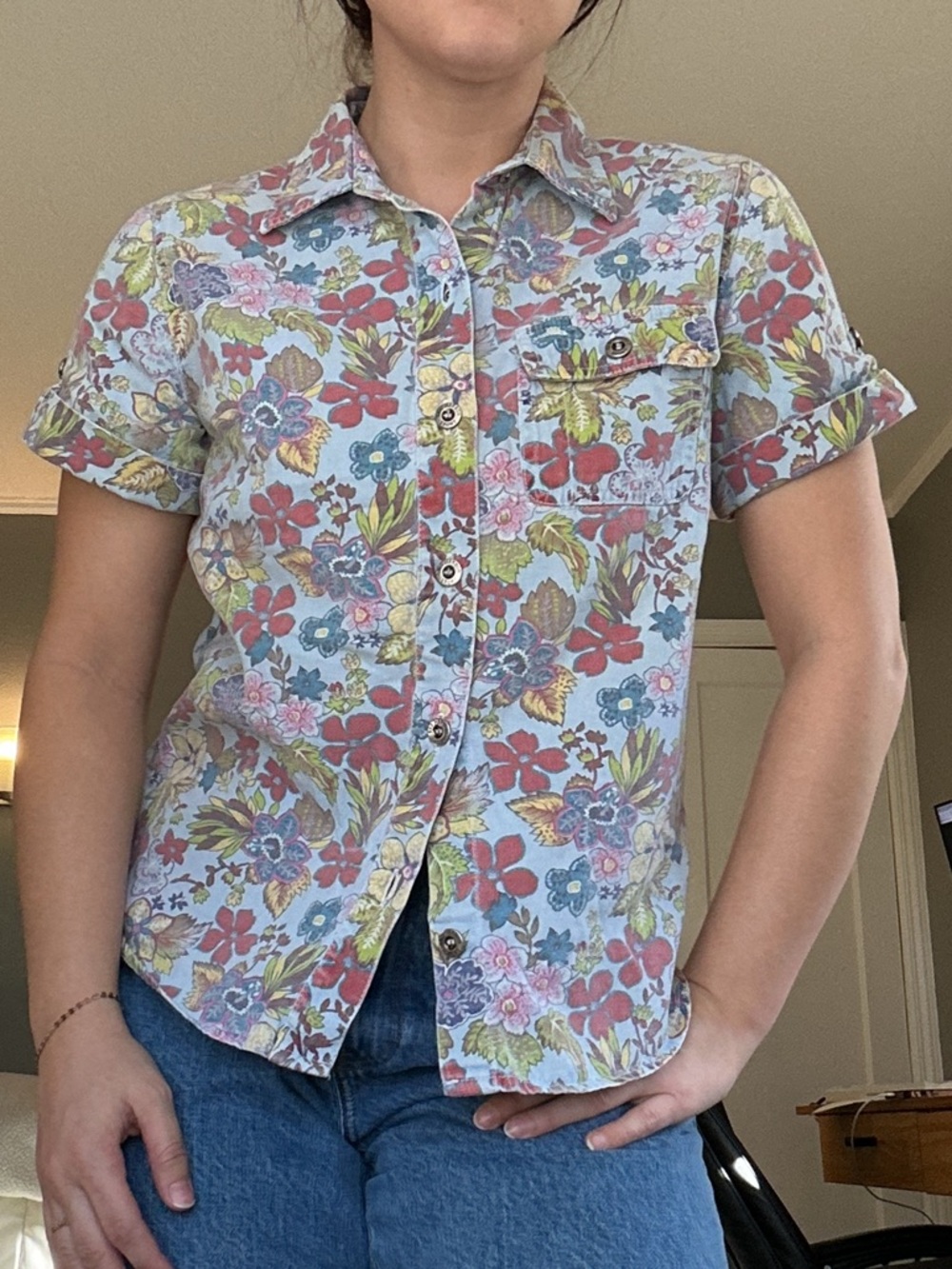 Sag Harbor Light Blue Tropical Floral Button-Up Shirt (Y2K)